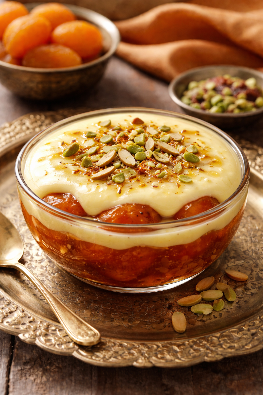 presentable hyderabadi khubani ka meetha with richness filled mango custard tropping over it