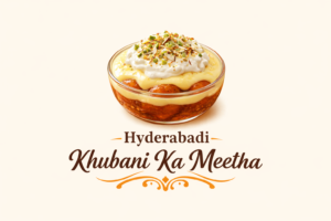 Hyderabadi Khubani Ka Meetha logo with custard and milk cream tropping over it.