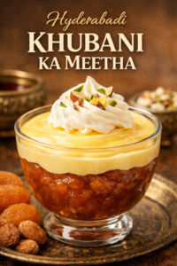 Hyderabadi khubani ka meetha is homemade, real and authentic, and also the top layer is covered with custard and fresh cream.