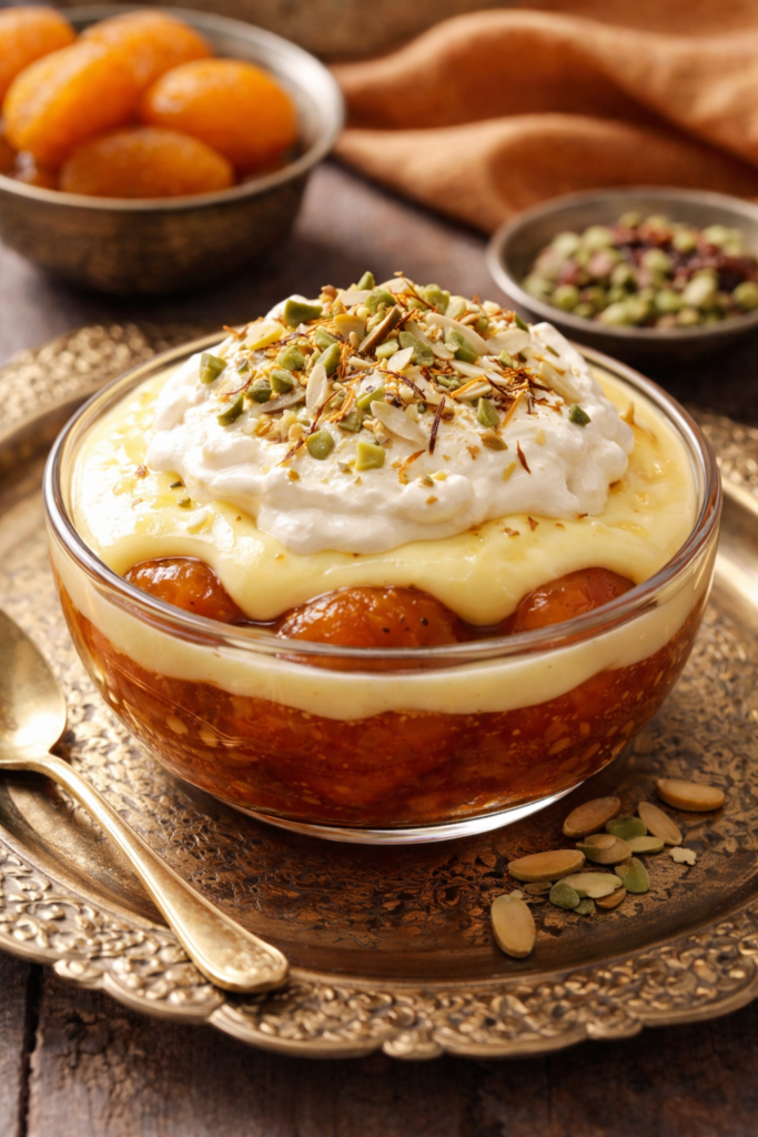 hyderabadi khubani ka meetha filled with extra ordinary richness of heavy milk cream and a double layer of custard with dried almonds and pistachios.