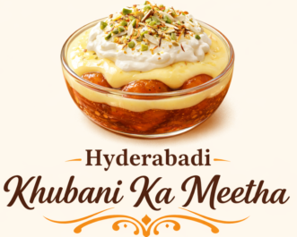 Hyderabadi Khubani Ka Meetha logo with custard and milk cream tropping over it.
