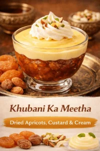 Hyderabadi Khubani Ka Meetha made of  dried apricots, custard and cream.
