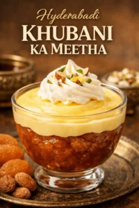 Hyderabadi Khubani Ka Meetha – a special delight often served with custard and cream.