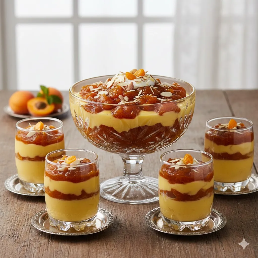 Hyderabadi Khubani Ka Meetha is an outstanding, delicious, and famous dessert presented khubani ka meetha with custard layered mouth watering